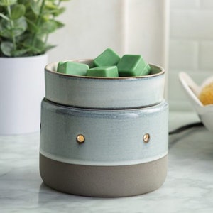 May include: A two-piece ceramic wax warmer with a light blue and gray finish, holding several green wax cubes. The warmer has two small holes and a brown base. A plant in a white pot is in the background.