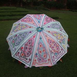 Decorative Garden Parasol Umbrella with Peacock Embroidery Design Vintage Garden Umbrella Sun Shade Outdoor Parasol Designer Embroidered