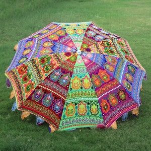 Indian Flower Print Garden Umbrella - Colorful Patio Sun Shade Parasol, Handmade Outdoor Décor, Unique Beach and Café Umbrella