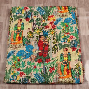 Handmade Indian Kantha Quilt - Colorful Floral and Frida Print | Reversible Cotton Blanket | Boho Bedspread | Unique Home Decor