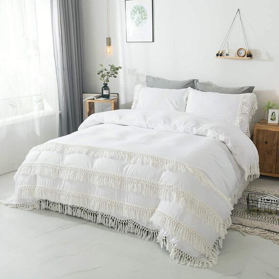 White Boho Bedding Tassel Duvet Cover Fringed 3 Pcs 100 Etsy