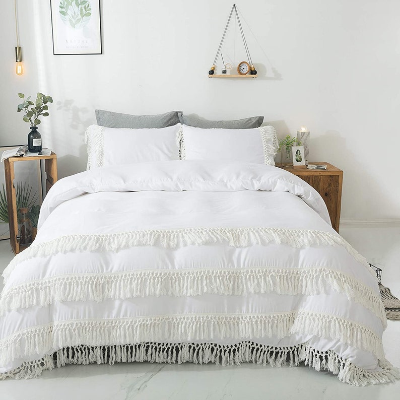 White Boho Bedding Tassel Duvet Cover Fringed 3 Pcs 100 Washed Cotton