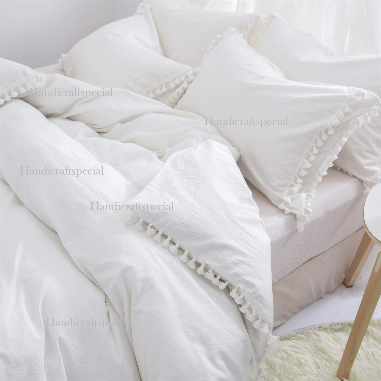 3pc White Tassels Duvet Cover Bohemian Bedding Set 100 Cotton Etsy UK