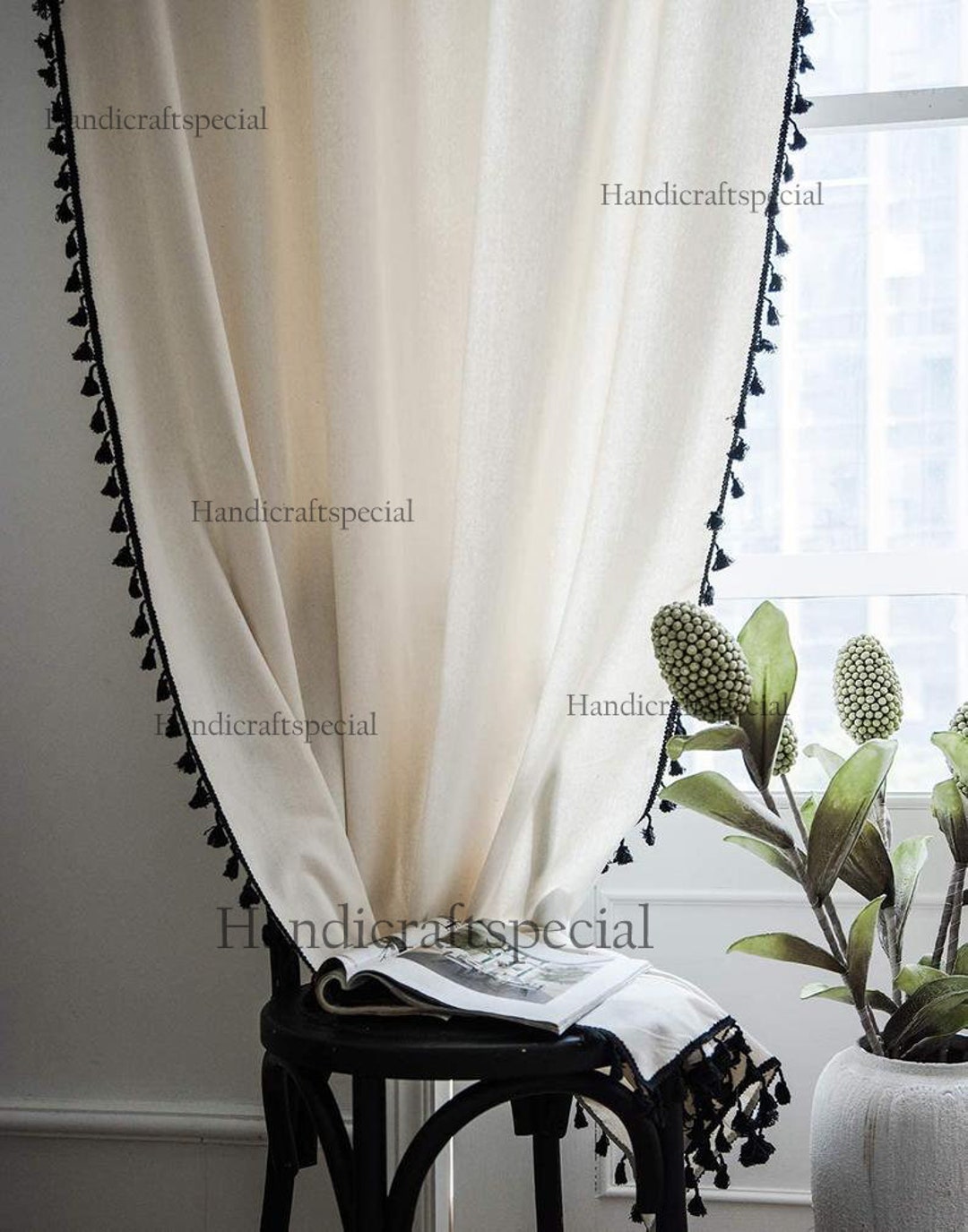 Cotton Curtain Panel, Black Fringes Tassels Curtain for Living Room ...