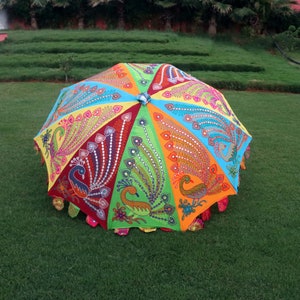 Peacock Vintage Bohemian Garden Decorative Large Umbrella Sun Shade Cotton Outdoor Parasol Designer Embroidered Cotton Garden Umbrella