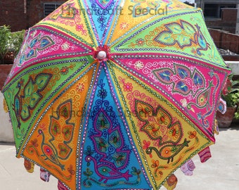 Decorative Garden Parasol Umbrella with Peacock Embroidery Design Vintage Garden Umbrella Sun Shade Outdoor Parasol Designer Embroidered