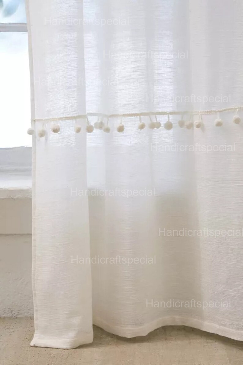Cotton Curtain Panel With White Pom-pom Curtain for Living Room Window ...