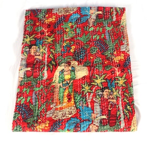 Handmade Indian Kantha Quilt - Colorful Floral and Frida Print | Reversible Cotton Blanket | Boho Bedspread | Unique Home Decor