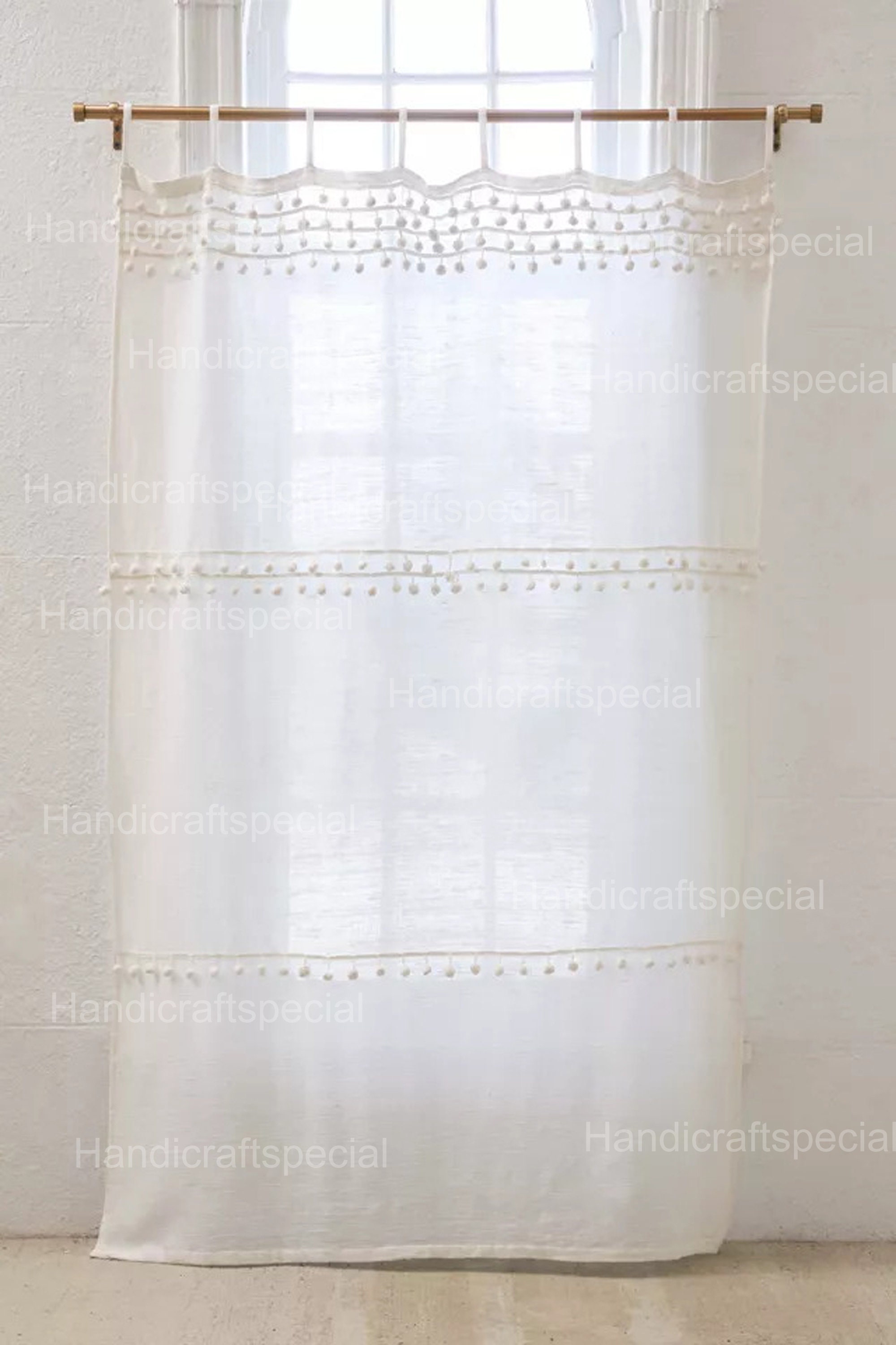 Cotton Curtain Panel With White Pom-pom Curtain for Living Room Window ...