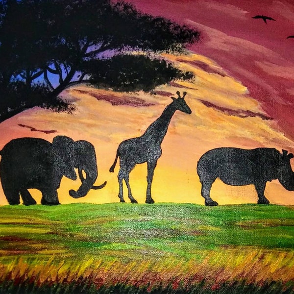 Original Handmade Art SAFARI SUNRISE: (Original) Realism Acrylic painting, African Scenery Painting, modern home decor, landscape painting.