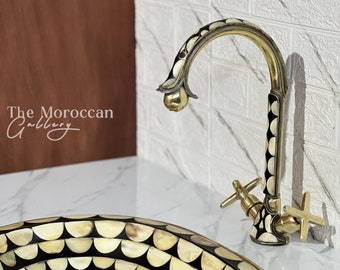 Handcrafted bone and Resin Unlacquered Moroccan Gooseneck Faucet, Handmade Solid Brass Faucet, Hot and Cold Water Faucet With Matching Sink.