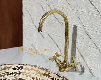 Curved Engraved Unlacquered Moroccan Gooseneck Faucet, Handmade Solid Brass Bathroom Faucet, Kitchen & Bathroom Uncoated Brass Faucet