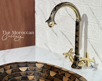 Brass bone and Resin Unlacquered Moroccan Gooseneck Faucet, Handmade Solid Brass Faucet, Hot and Cold Water Faucet With Matching Sink