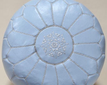 Powder Blue Moroccan Leather Pouf, Boho Home Decor (UNSTUFFED)