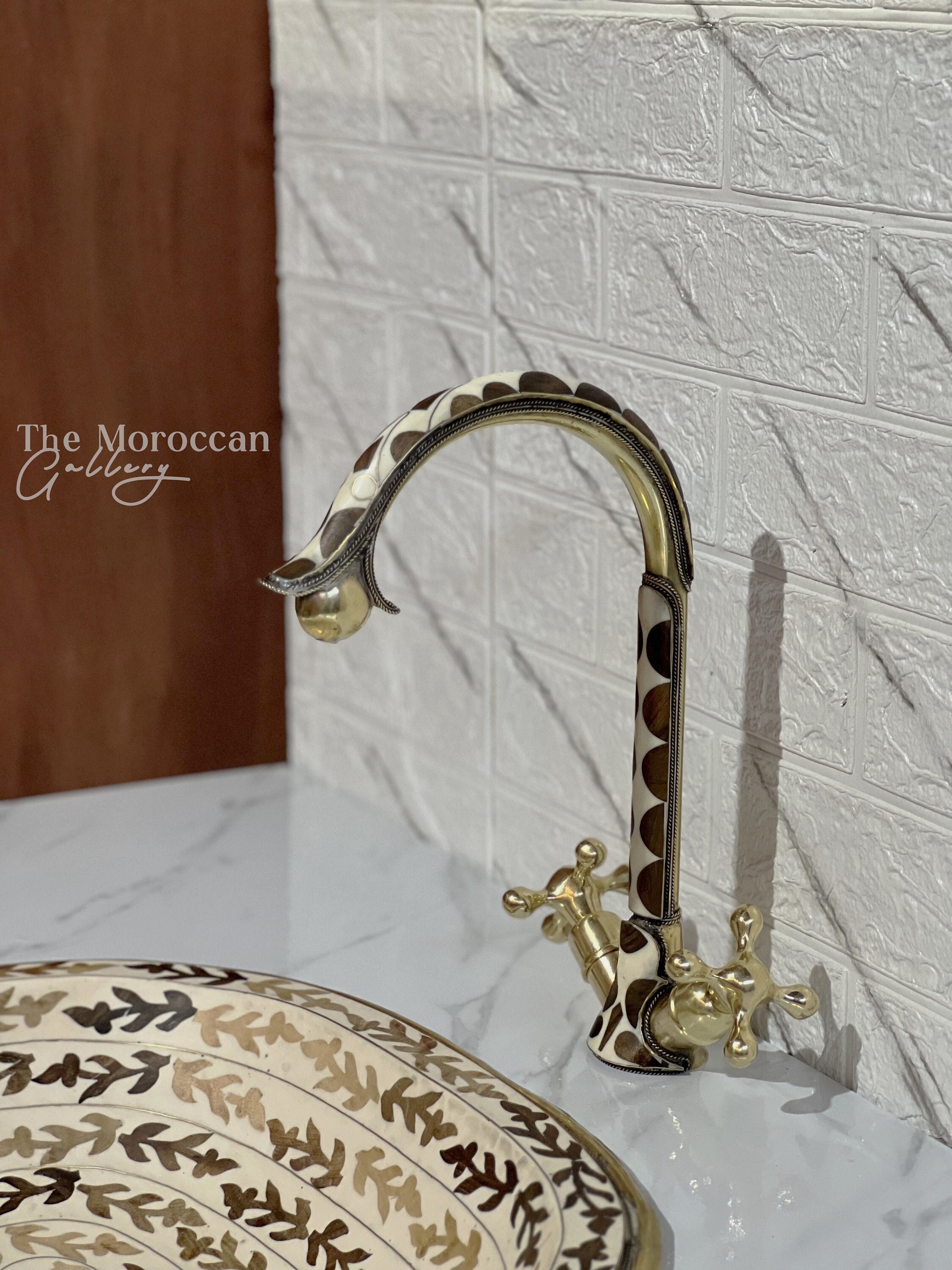 Unlacquered Moroccan Brass bone and Resin Gooseneck Faucet, Handmade Solid Brass Faucet, Hot and Cold Water Faucet With Matching Sink
