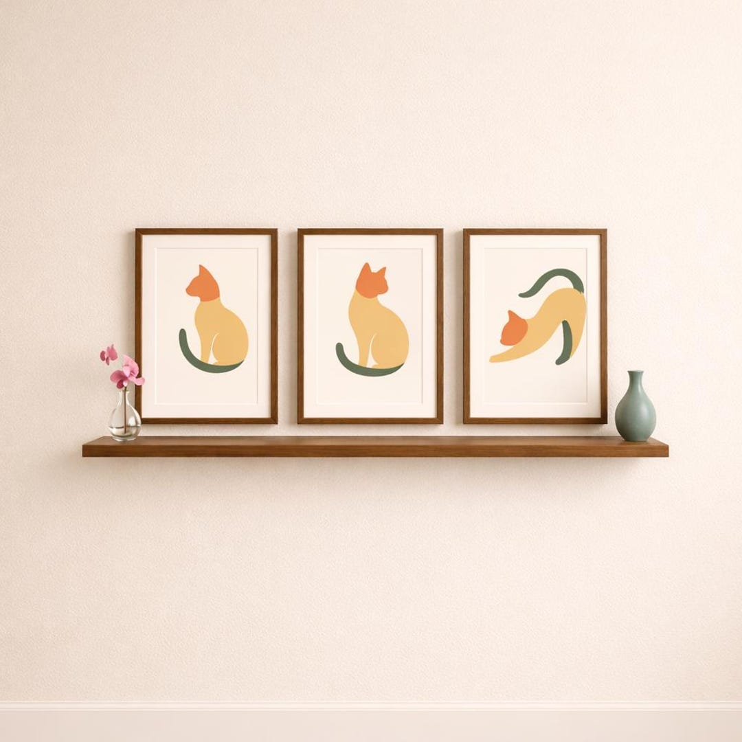 Minimalist Cat Wall Art Set of 3, Neutral Cat Prints, Scandinavian Cat ...