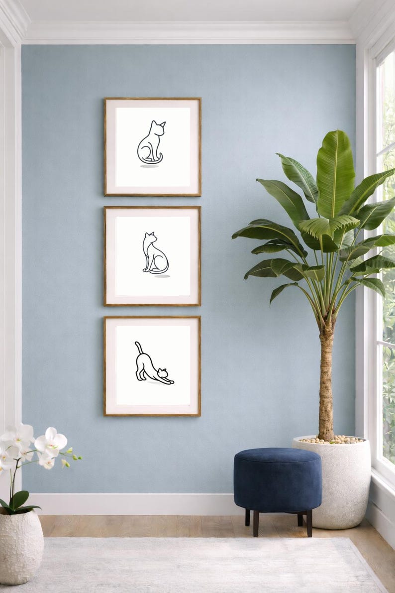Minimalist Wall Art Set of 3 | Black Cat Line Art Prints | Digital ...