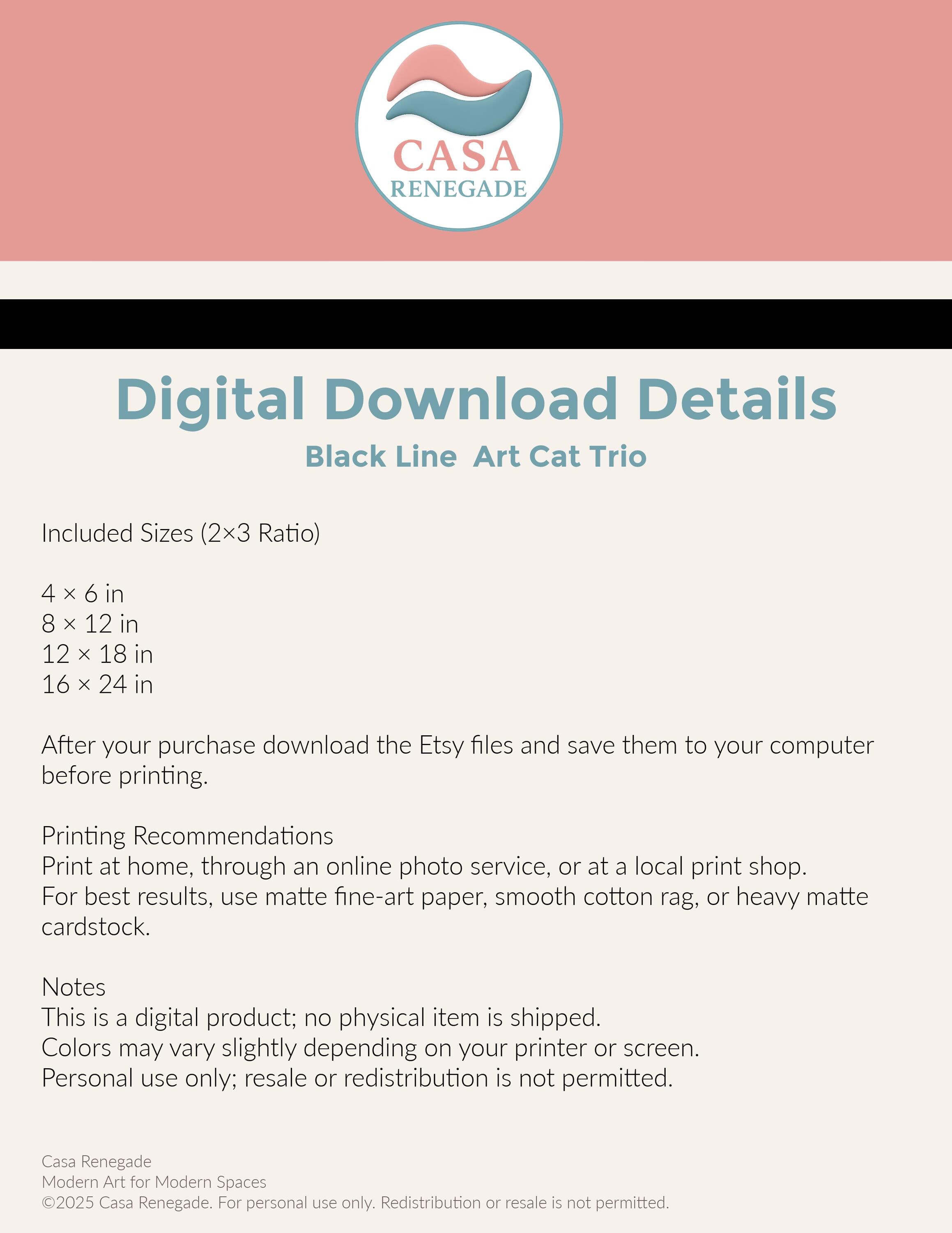 Minimalist Wall Art Set of 3 | Black Cat Line Art Prints | Digital ...