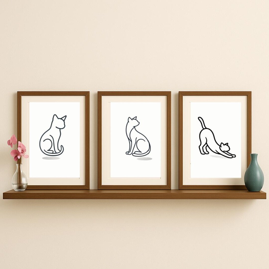 Minimalist Wall Art Set of 3 | Black Cat Line Art Prints | Digital ...