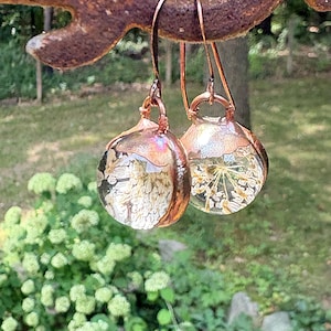 May include: A pair of round drop earrings featuring clear resin domes encasing pressed white botanical elements. The circular resin pieces are set within polished copper-toned metal frames and hang from matching copper-toned curved ear wires.