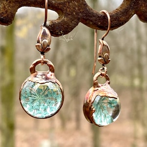 Real SOFT BLUE Miniature Queen Anne's Lace Dangle Earrings -  Copper Electroformed