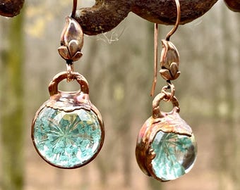 Real SOFT BLUE Miniature Queen Anne's Lace Dangle Earrings -  Copper Electroformed