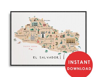 El Salvador Poster: Illustrated Map. Santa Ana, San Salvador, San Miguel. Printable Travel Art. Hand Drawn Gift. Digital Download.