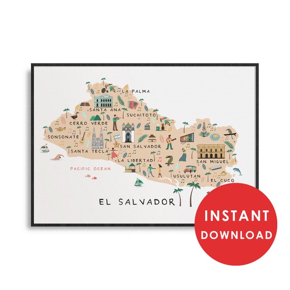 El Salvador Poster: Illustrated Map. Santa Ana San Salvador - Etsy