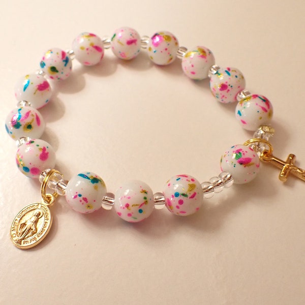 ROSARY BRACELET - for Women - White, multy spatter glass bead - Stretch Bracelet - Gold Plated Miraculous Medal and Crucifix