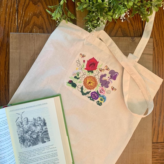 Alice in Wonderland Embroidered Tote Bag: Golden Afternoon Floral Canvas