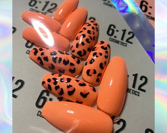 Press On Glue On Nails- Orange Cheetah Press On Nails - Neon Cheetah Print Press On Nails - Neon Orange Nails - Six:Twelve Cosmetics