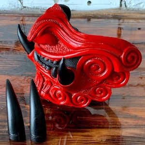 Half Face Samurai Mask Oni Mempo Armor Japanese red monster + 2 sets of teeth