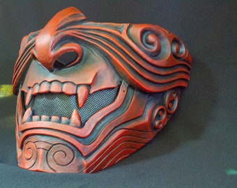 Máscara de samurái Oni negra y roja - Armadura de media cara de demonio japonés - Máscara de menpo de resina artesanal - Accesorio de cosplay estilo Hannya - Equipo Shinobi