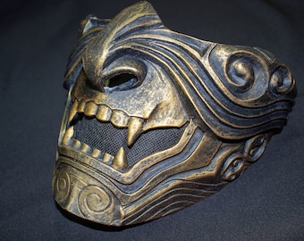 Máscara de samurái Oni vintage - Armadura japonesa Menpo dorada y negra - Media cara de demonio de resina hecha a mano - Accesorio de cosplay Hannya - Máscara Shinobi