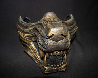 Máscara de lobo berserker Oni - Armadura samurái Fenrir Menpo - Media máscara de lobo vikingo de resina hecha a mano - Cosplay de bestia shinobi japonesa - Máscara de lobo
