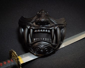 Máscara de samurái de media cara, armadura Oni Mempo, demonio de loto negro japonés