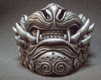 Máscara de samurái de dragón y león - Armadura japonesa Menpo artesanal - Máscara de cosplay de media cara de resina - Equipo de bestia mítica Shinobi - Máscara de guardián
