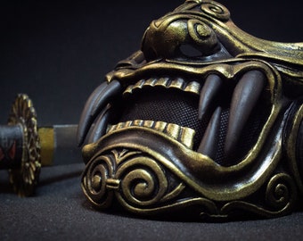 Máscara de samurái de media cara, armadura Oni Mempo, demonio de loto dorado japonés
