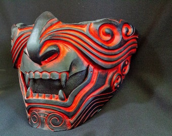 Máscara de Oni Roja y Negra - Armadura de Demonio Samurái de Media Cara - Máscara de Menpo de Resina Artesanal - Accesorio de Cosplay Shinobi Japonés - Escudo Facial de Guerrero