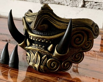 Máscara de Samurái Oni Dorada - Armadura Mempo de Demonio Dorado - Máscara de Monstruo de Resina Hecha a Mano con Dientes - Accesorio de Cosplay Hannya Japonés - Shinobi Menpo
