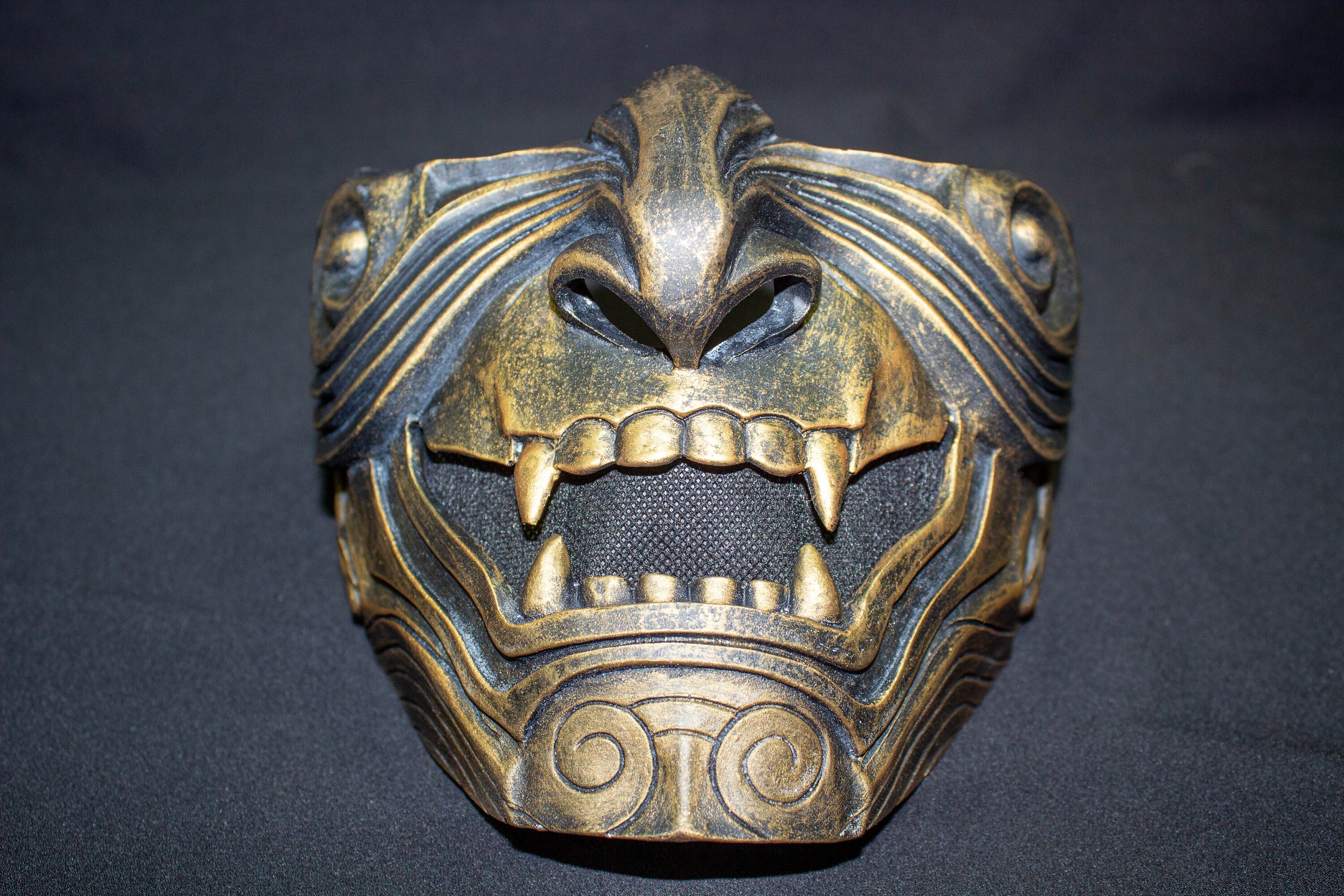 Vintage Half Face Samurai Mask Oni Mempo Armor Japanese Gold