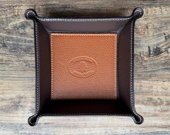 Leather tray, leather organizer, dark brown/cognac, for keys, flashlight, pocket knife, square