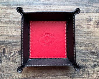 Leather tray, leather organizer, red/black, for keys, flashlight, pocket knife, square