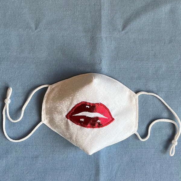 RED LIPS Face Mask for Adults and Teens, on background of White, Pink, Brown, Tan, or Yellow. New price for limited time, see Item details