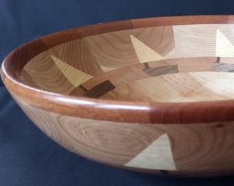 Segmented Wood Sailboat Bowl: Hand-Turned Walnut, Cherry, Mahogany, composed of 28 pieces