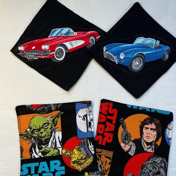 SALE! Vintage Coasters: Classic Cars or Star Wars, set of Four. made with two layers of 100% Cotton, interfacing in between. See details.