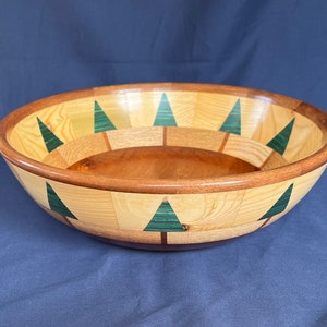 Hand Turned Pine Tree Wood Bowl: Segmented Mahogany, Spruce, Oak, green spectraply
