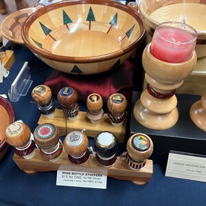 SALE Candleholders of Segmented Wood. Candles included. Red Spectra & Birch. 5 inch high wood holders, 6 inch with candles. see details