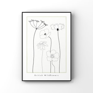 Arte de pared abstracto de flores silvestres británicas / impresión de dibujo de línea floral botánica / decoración de hogar neutral minimalista