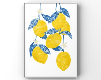 Abstract Lemons Wall Art / Citrus Fruit Print / Lemon Blossom Botanical Print / Kitchen Home Decor / Yellow and Blue Art